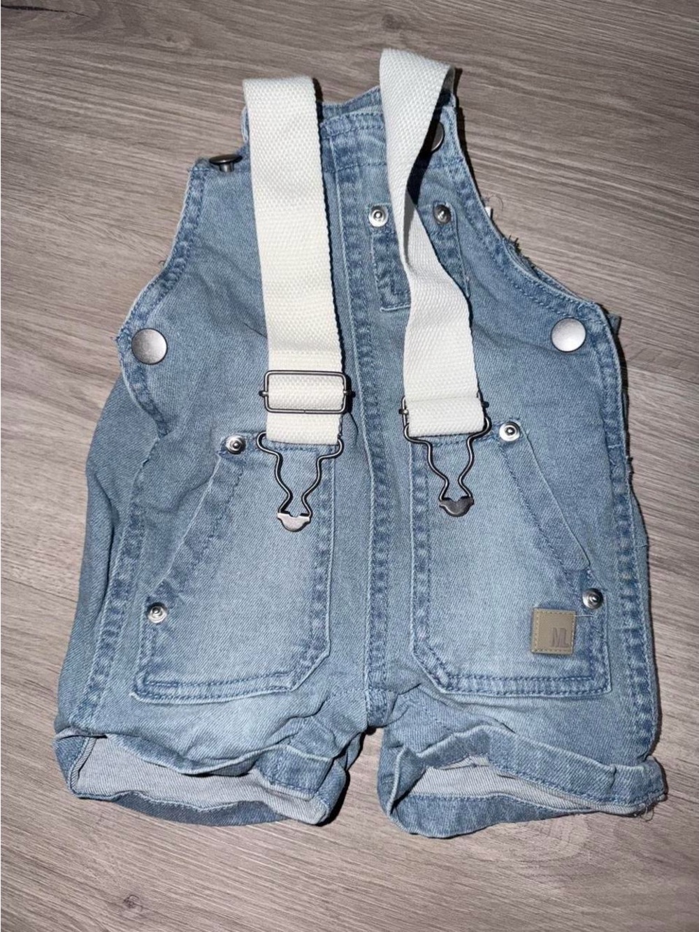 Light Wash Denim Kids Short Overalls with White Adjustable Straps